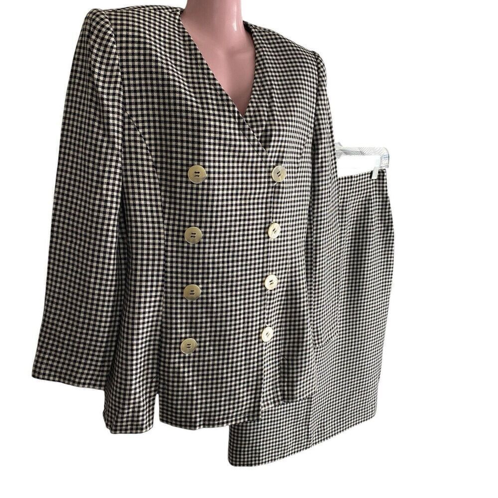 Vintage Liz Claiborne Skirt Suit Blazer Women's Size 8 Black White Gingham Lined